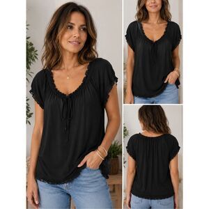 Clockhouse Black Short Sleeve Peasant Blouse Ruffle Tie Neck Size L Soft Top